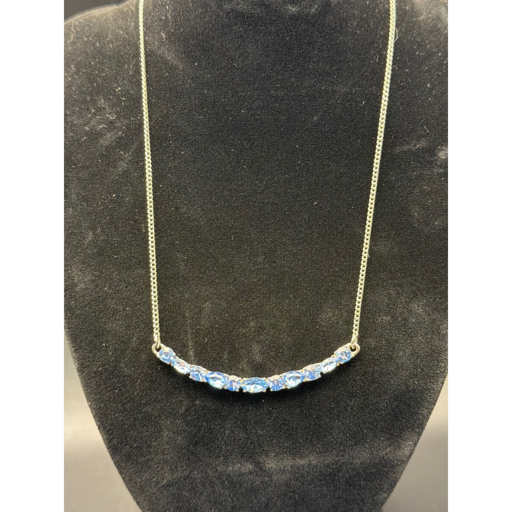 Givenchy Silver Tone Blue Marquise Crystal Curved Bar Collar Necklace Adjustable